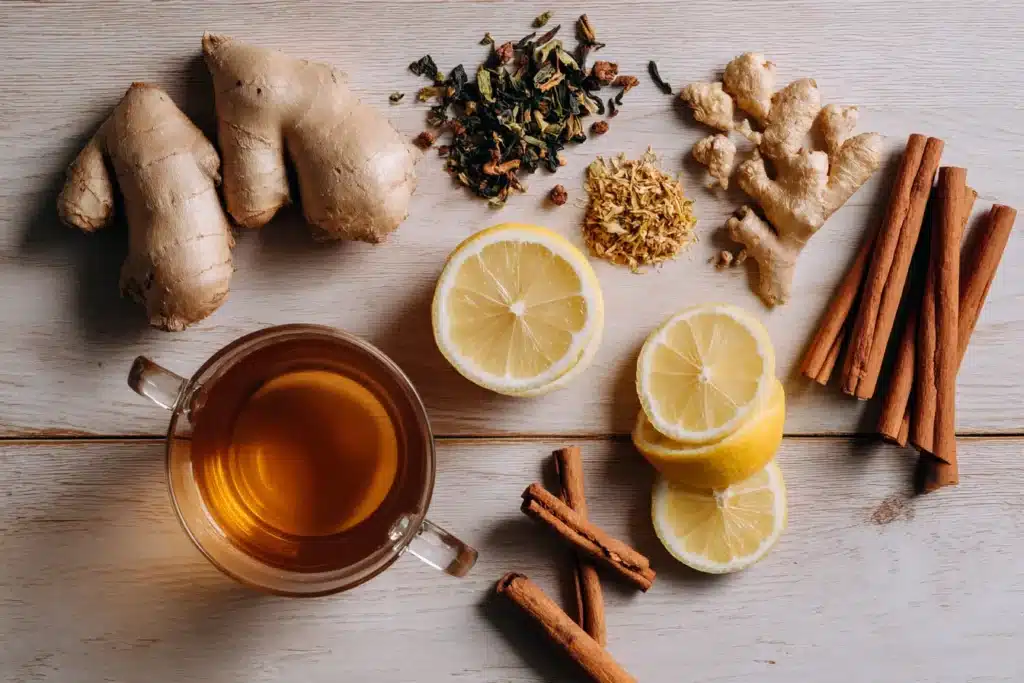 Tee zum Abnehmen mit Ingwer, Zimt und Zitrone auf Holztisch