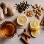 Tee zum Abnehmen mit Ingwer, Zimt und Zitrone auf Holztisch