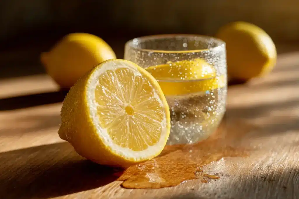 Frischer Zitronensaft tropft in ein Glas warmes Wasser zum Abnehmen