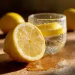 Frischer Zitronensaft tropft in ein Glas warmes Wasser zum Abnehmen