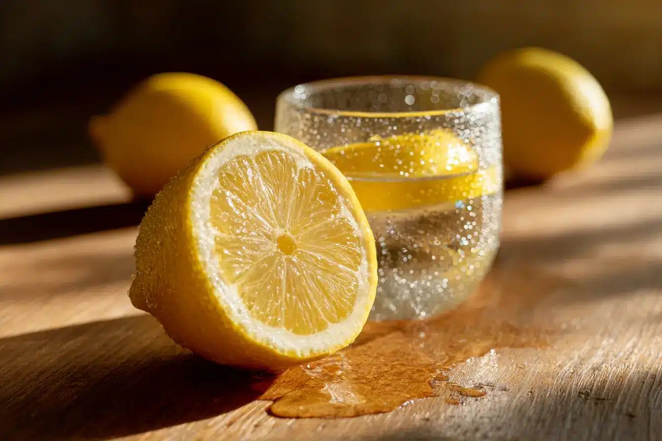 Frischer Zitronensaft tropft in ein Glas warmes Wasser zum Abnehmen