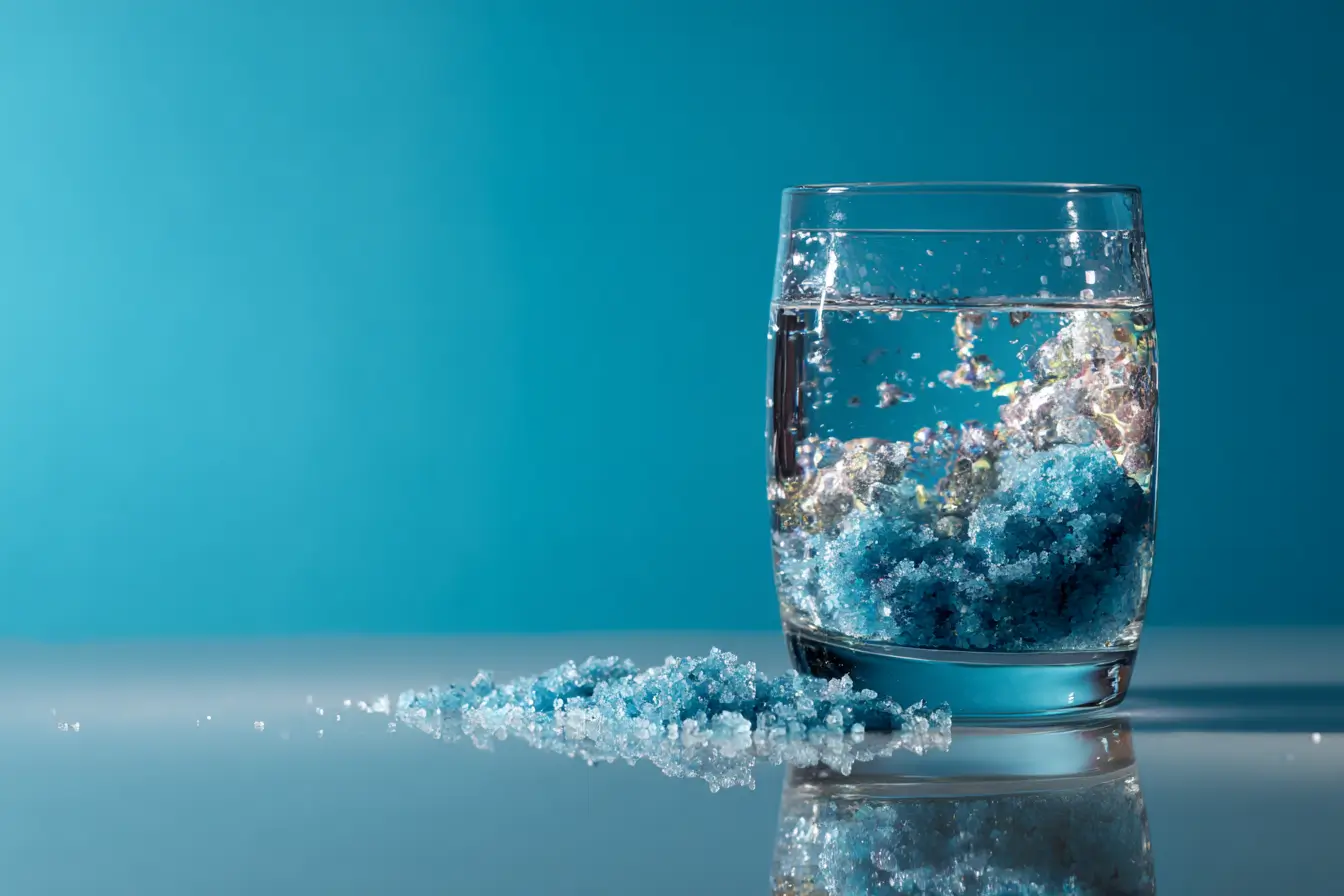 Blausalz löst sich in klarem Wasser auf, Nahaufnahme