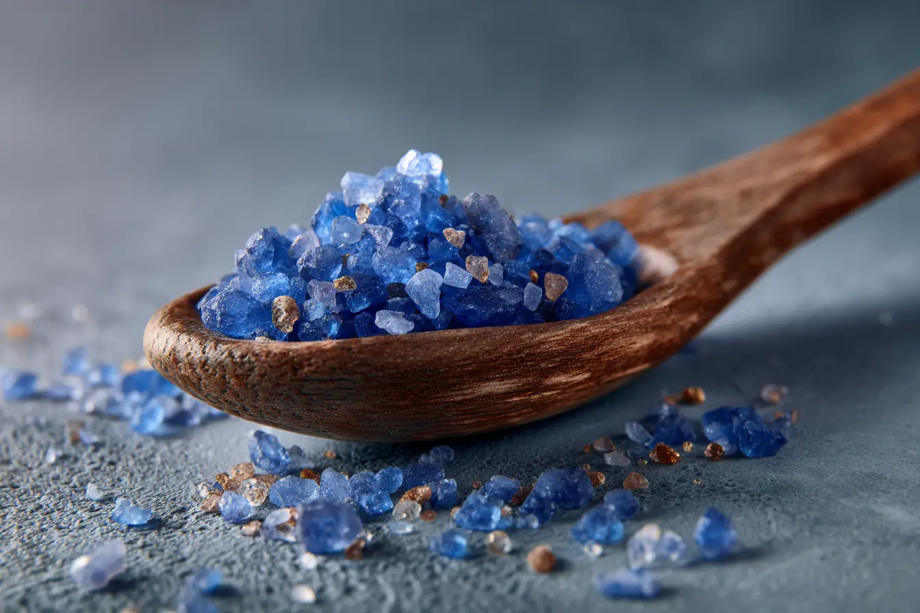 Blaues und rosa Salz im direkten Vergleich auf Marmorplatte