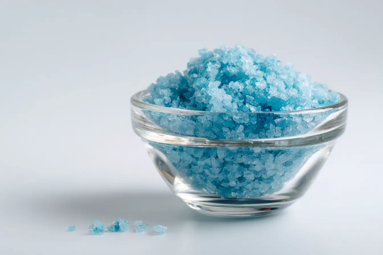 Studioaufnahme von blauem Salz in einer Glasschale
