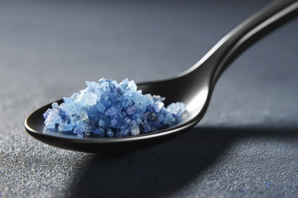 Blaues Salz neben Pflegeprodukten auf Marmortisch