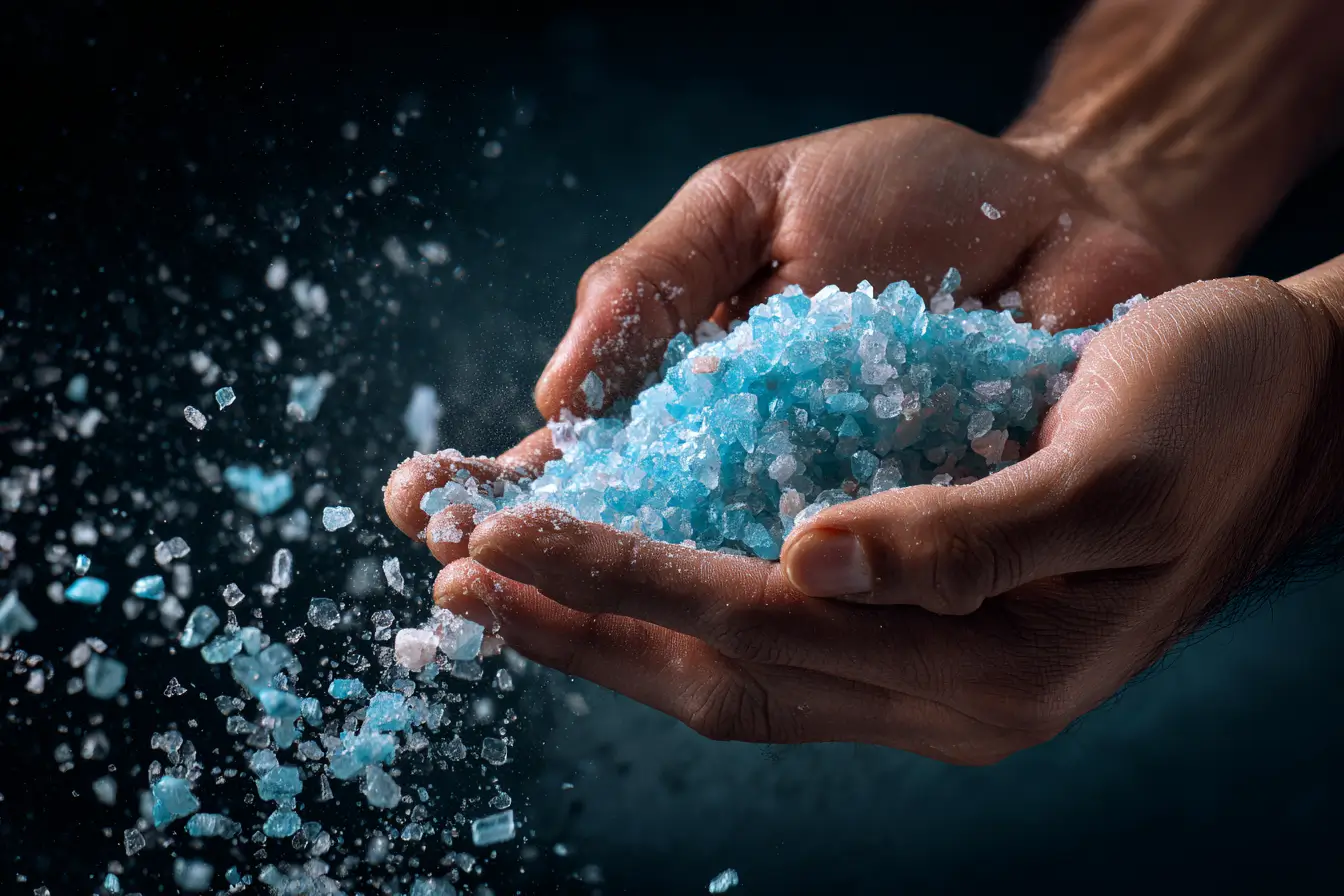 Blausalz wird in Szene gesetzt, gestreut über dunklem Küchenhintergrund