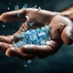 Männerhand mit wenigen Kristallen blauen Salzes unter Studiolicht