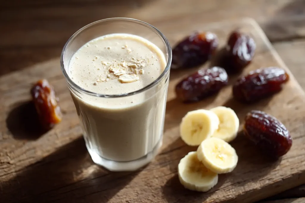 Cottage Cheese Shake mit Banane und Datteln in einem Glas