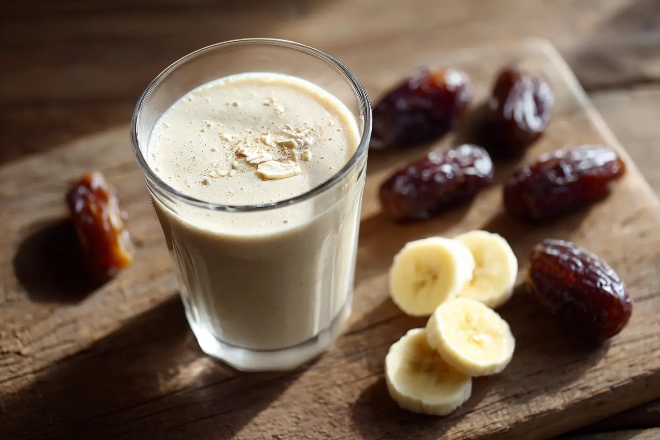Cottage Cheese Shake mit Banane und Datteln in einem Glas