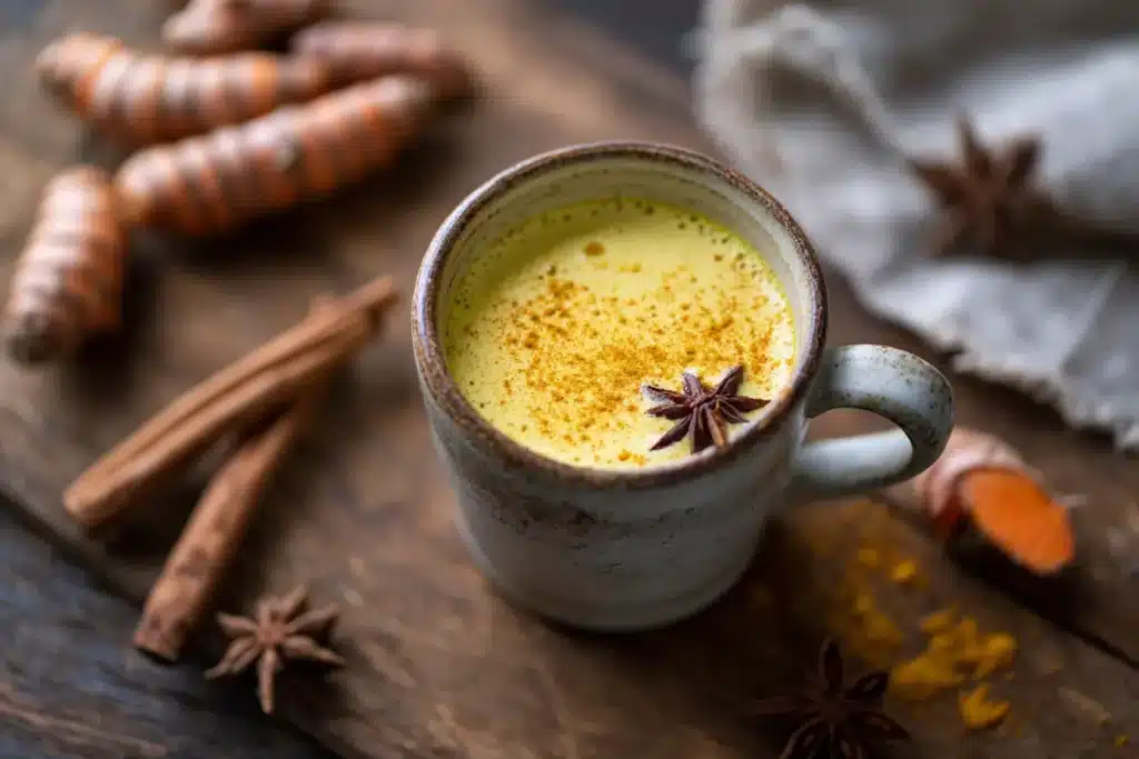 Goldene Milch im rustikalen Becher