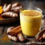 Goldene Milch im Glas mit Kurkuma und Zimt auf Holztisch