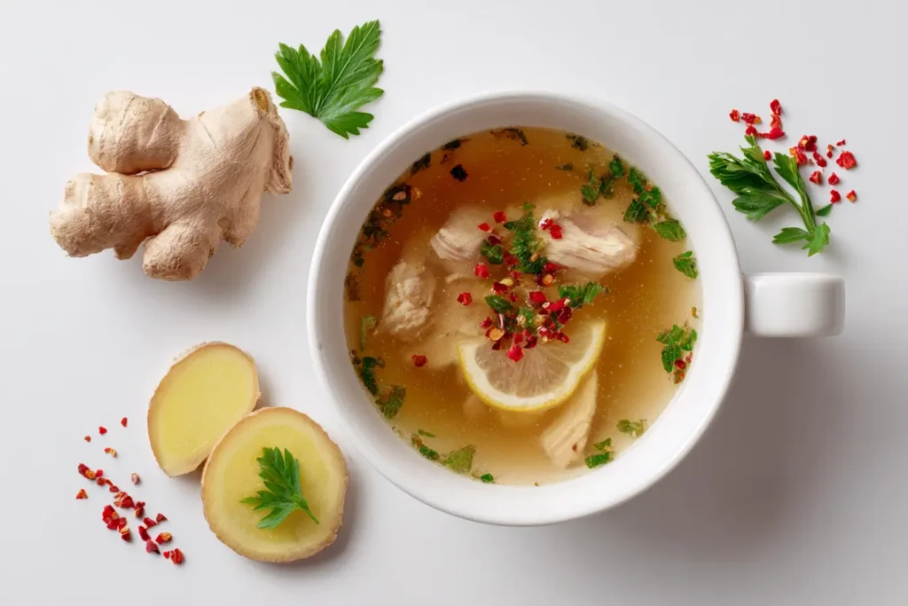 Hühnersuppe bei Erkältung mit Gemüse in rustikaler Schale