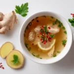 Hühnersuppe bei Erkältung mit Gemüse in rustikaler Schale