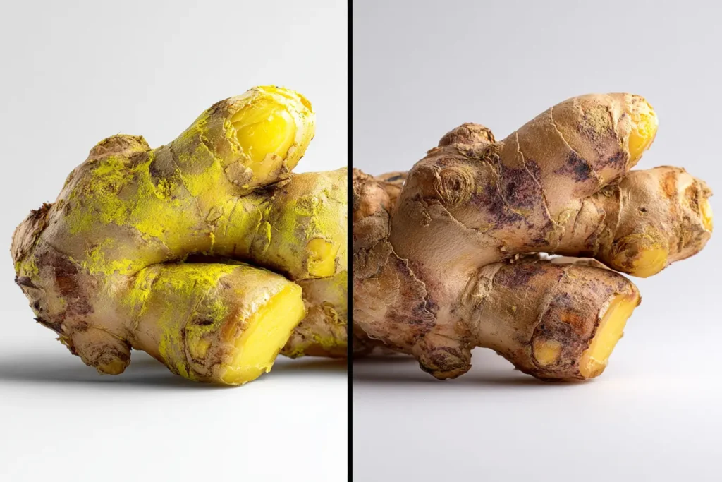 Vergleich zwischen frischem und verdorbenem Ingwer