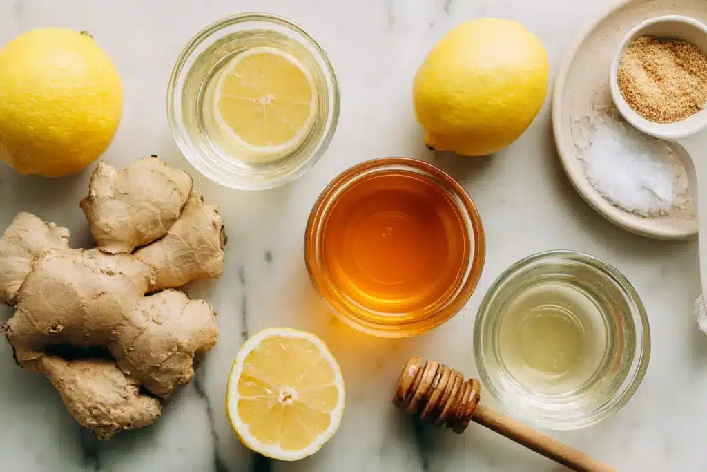 Zutaten für Ingwer mit Honig und Zitrone