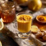 Ingwer-Kurkuma-Konzentrat in Glasflasche mit frischen Zutaten