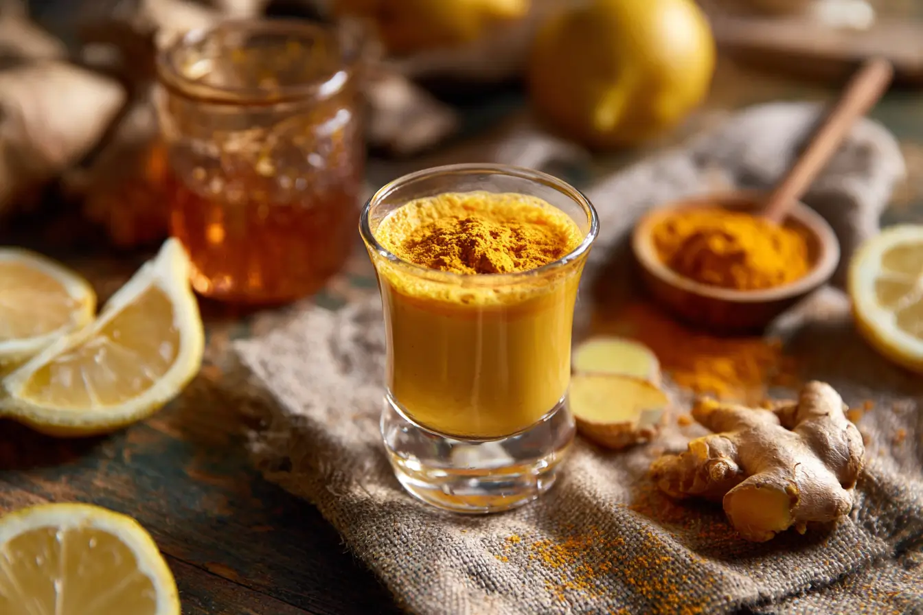 Ingwer-Kurkuma-Konzentrat in Glasflasche mit frischen Zutaten