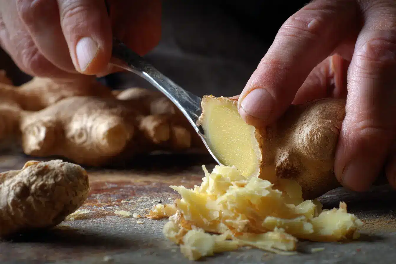 Frischer Ingwer, halb geschält mit Löffel auf Holzbrett