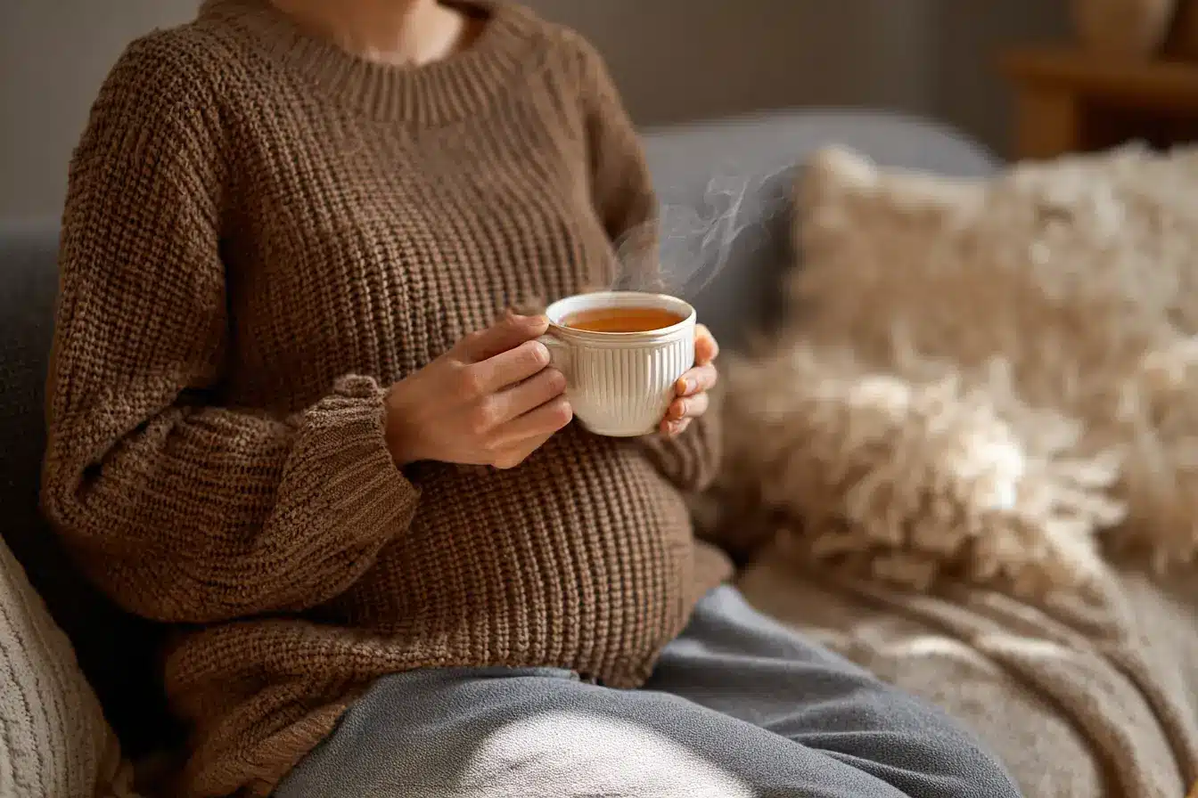 Schwangere Frau trinkt Ingwertee