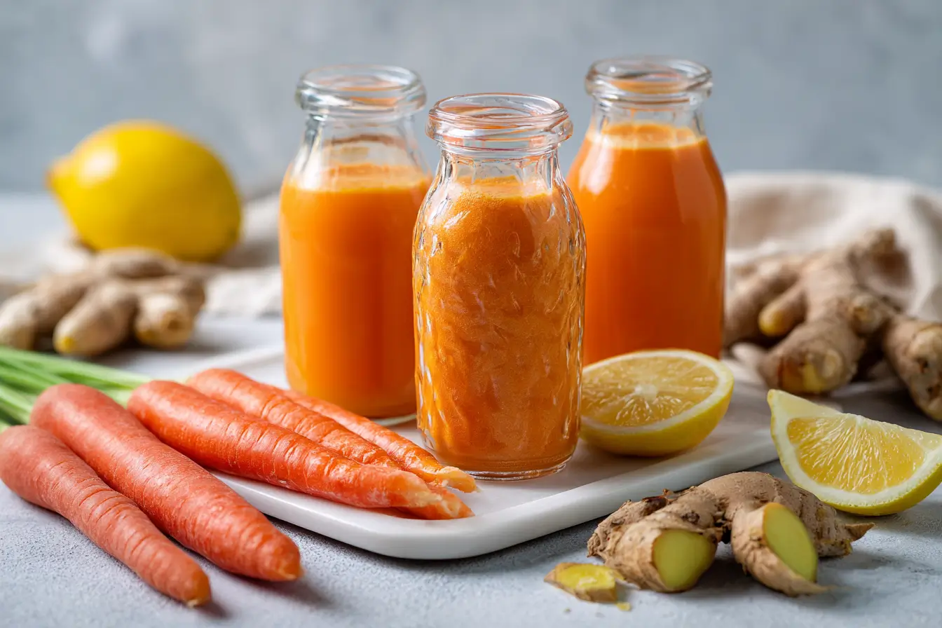 Frisch gepresster Karotten-Ingwer-Kurkuma-Saft