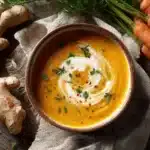 Cremige Karotten-Ingwer-Suppe mit Kokosmilch in Schale serviert