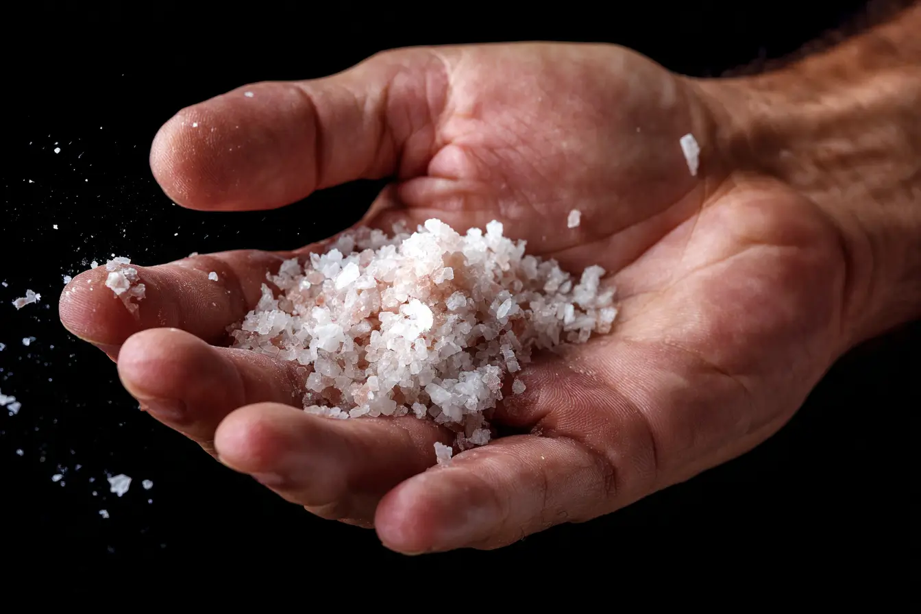 Finger halten Blausalz-Kristall als Teil eines achtsamen Rituals