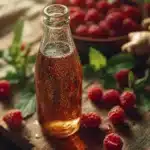 Fruchtiger Shrub Drink aus Himbeeren, Ingwer und Essig auf Holztisch