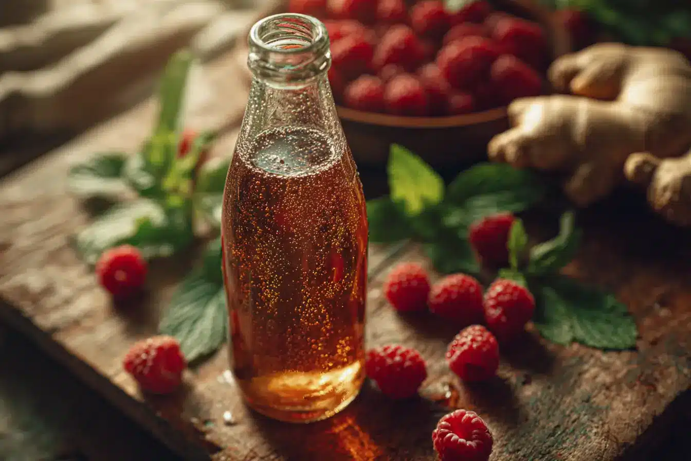 Fruchtiger Shrub Drink aus Himbeeren, Ingwer und Essig auf Holztisch